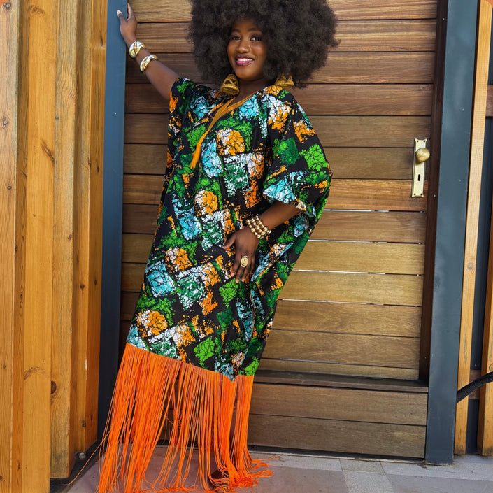 Àjọkẹ́ Bubu Dress – Ankara Maxi with Embroidery & Tassel Fringe | Amazin Apparels